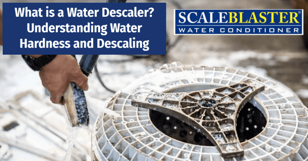 Industrial water processing equipment with text reading “Understanding water Hardness and Descaling” and “ScaleBlaster Water Conditioner