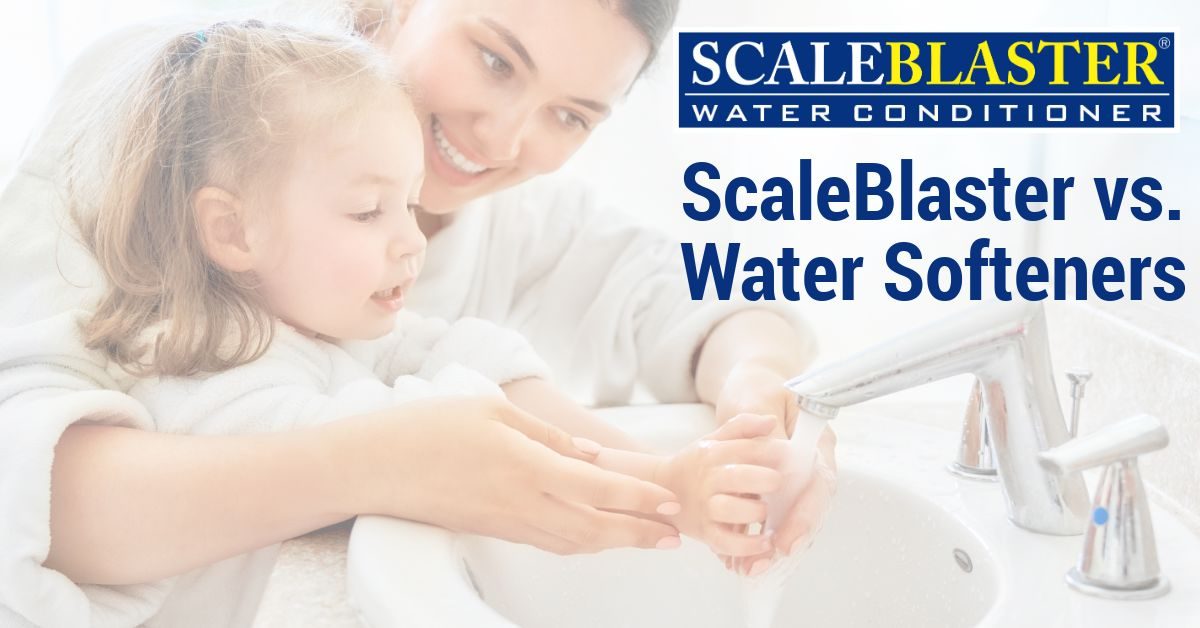 Mother helping her daughter wash her hands with ScaleBlaster vs. Water Softeners text overlaid.